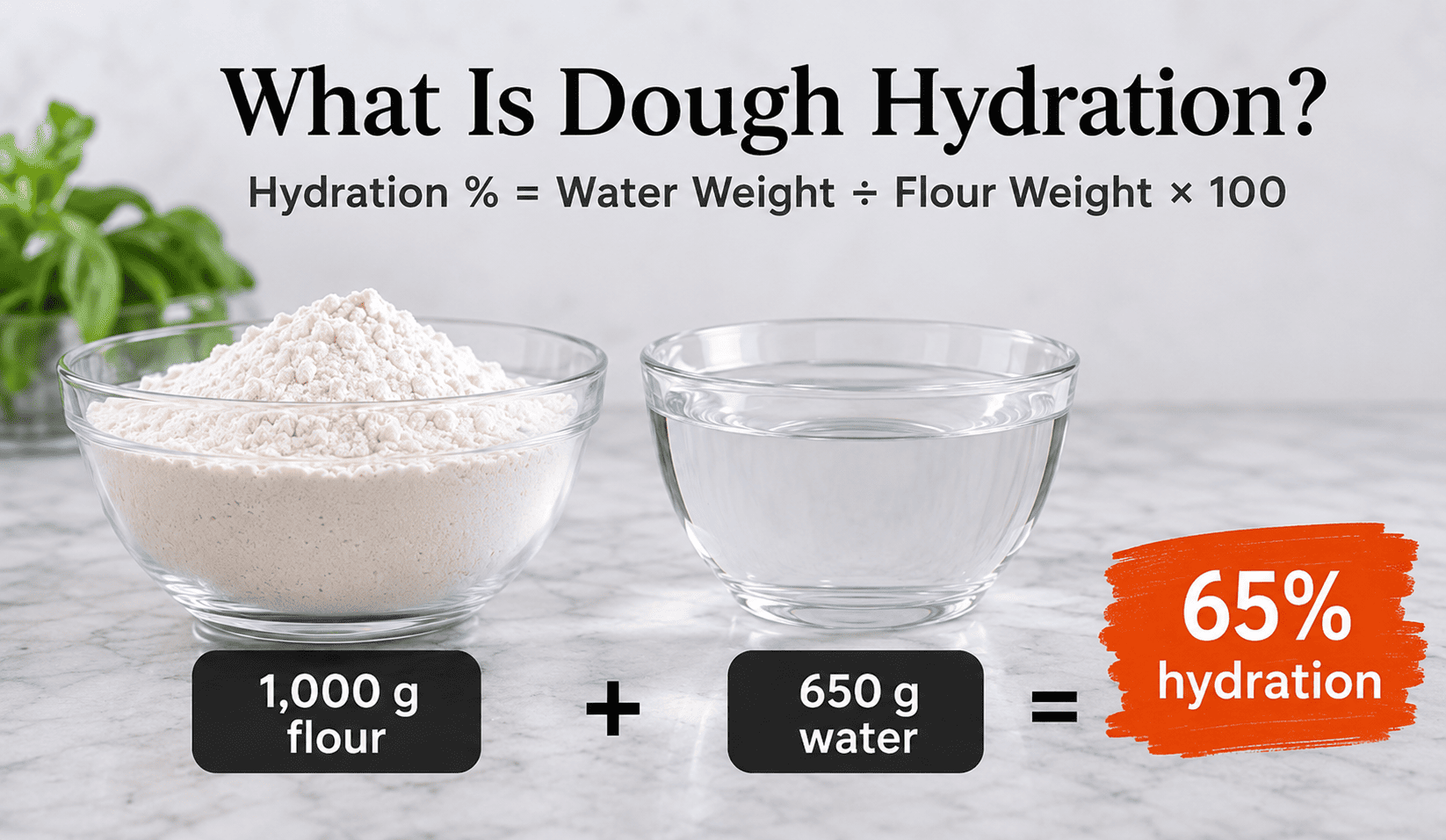 Pizza dough hydration explained with 1,000 g flour and 650 g water showing 65% hydration