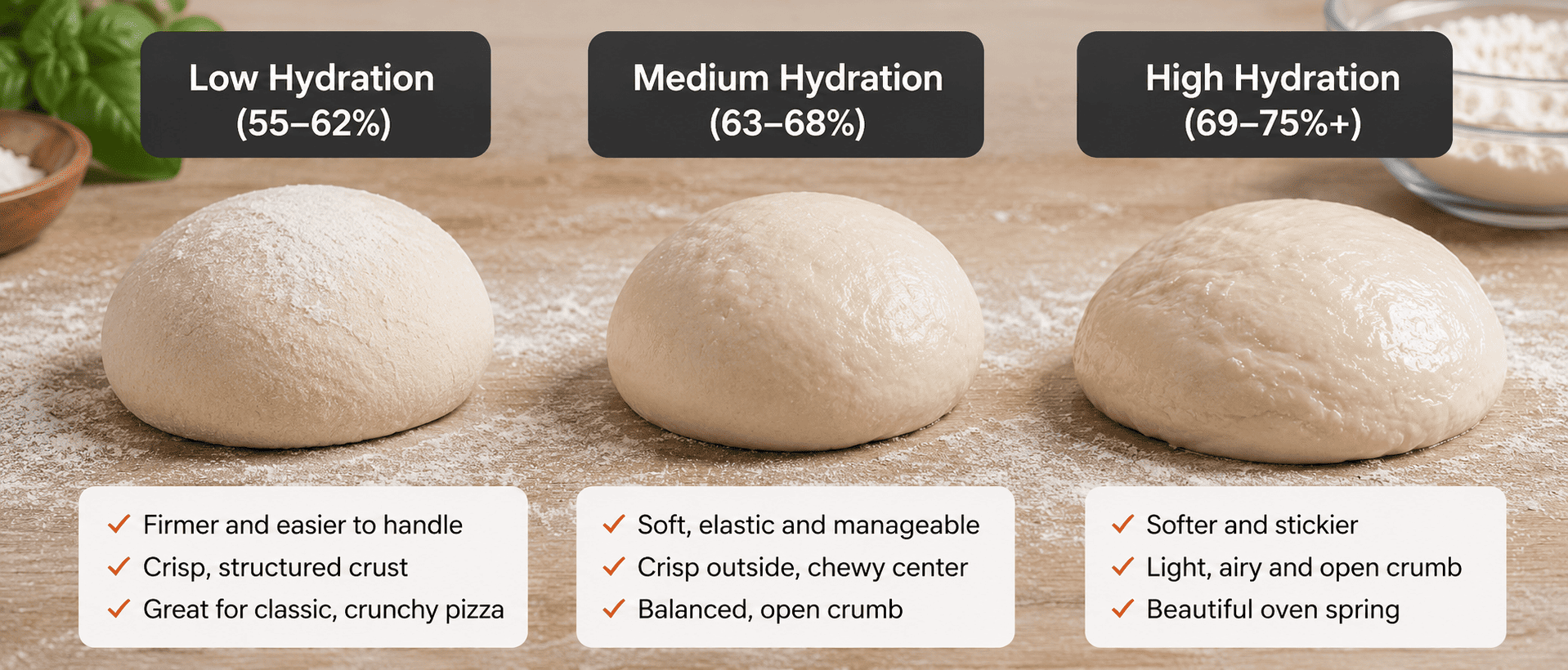 Comparison of low, medium and high hydration pizza dough showing differences in texture, handling and crumb structure