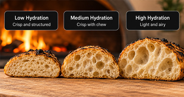 Low, medium and high hydration pizza dough compared by texture, crust structure and crumb, showing how hydration affects the final baked result